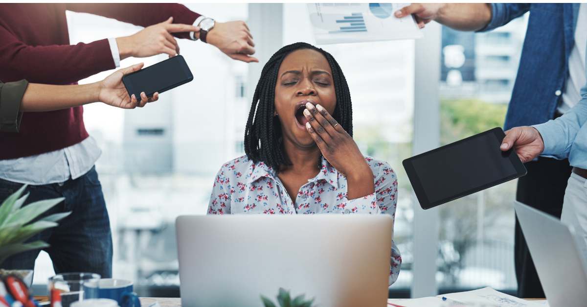 A female real estate agent is exhausted from her work and lacks the time to maintain communication with potential online prospects.